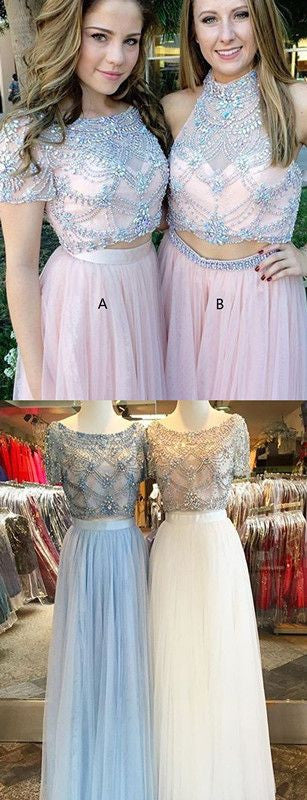 Pink Two Piece Long Prom Dress with Short Sleeves Prom Dress For Freshman Modest Prom Dress,MA084-Dolly Gown