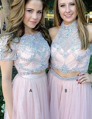 Pink Two Piece Long Prom Dress with Short Sleeves Prom Dress For Freshman Modest Prom Dress,MA084-Dolly Gown