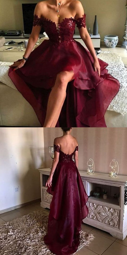 High Low Prom Dress, Burgundy Prom Dress,2021 Prom Dress,Off Shoulder Prom Dress,MA085-Dolly Gown