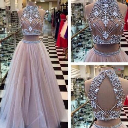 Champagne Bead Top Tulle Halter Neck Two Piece Prom Dress Champagne Bead Top Tulle Halter Neck Two Piece Prom Dress