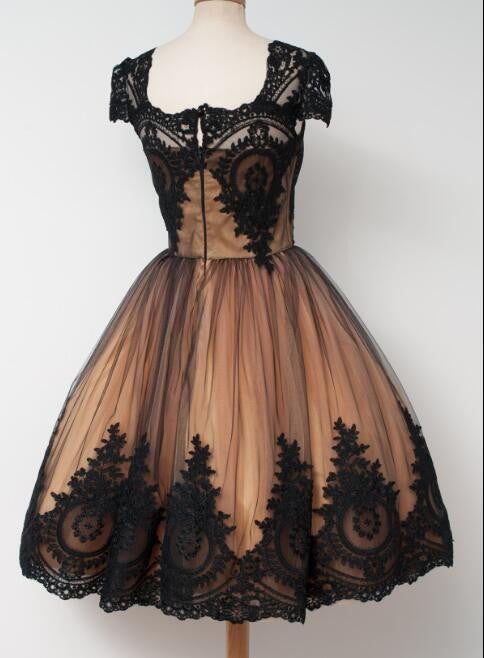 2024 Black Lace Short Vintage Prom Dress with Cap Sleeves 2024 Black Lace Short Vintage Prom Dress with Cap Sleeves