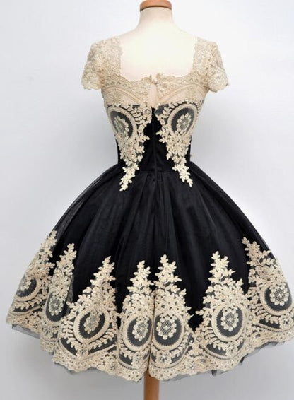 Vintage Prom Dress Short Prom Dress 1950s Black Prom Dress with Gold Lace Appliques Fashion Prom Dress,MA090