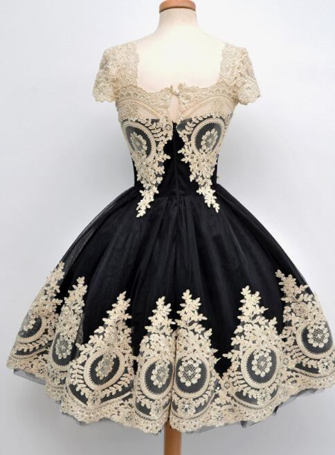 Vintage Prom Dress Short Prom Dress 1950s Black Prom Dress with Gold Lace Appliques Fashion Prom Dress,MA090