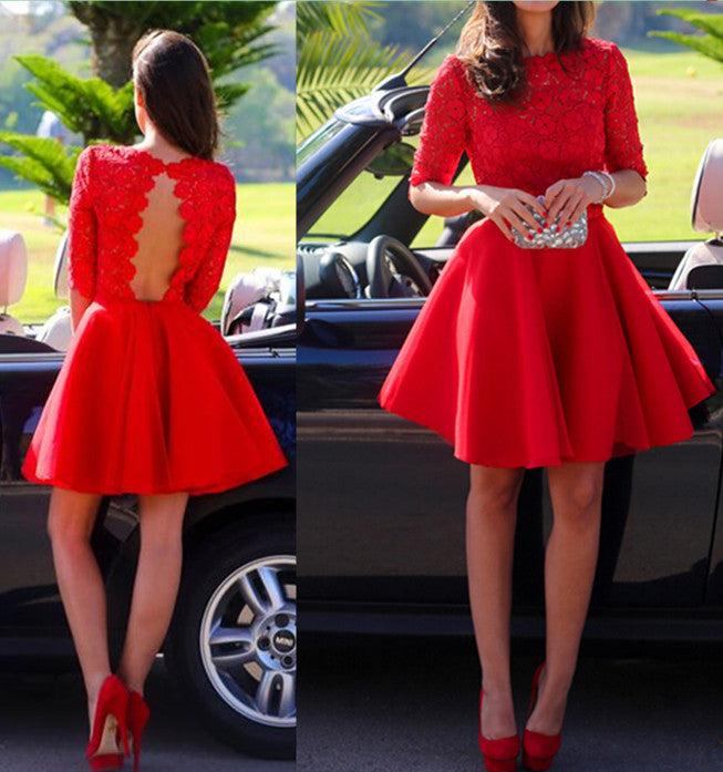 Short Red Formal Dress Lace Prom Dress With 1/2 Sleeves Short Red Formal Dress Lace Prom Dress With 1/2 Sleeves