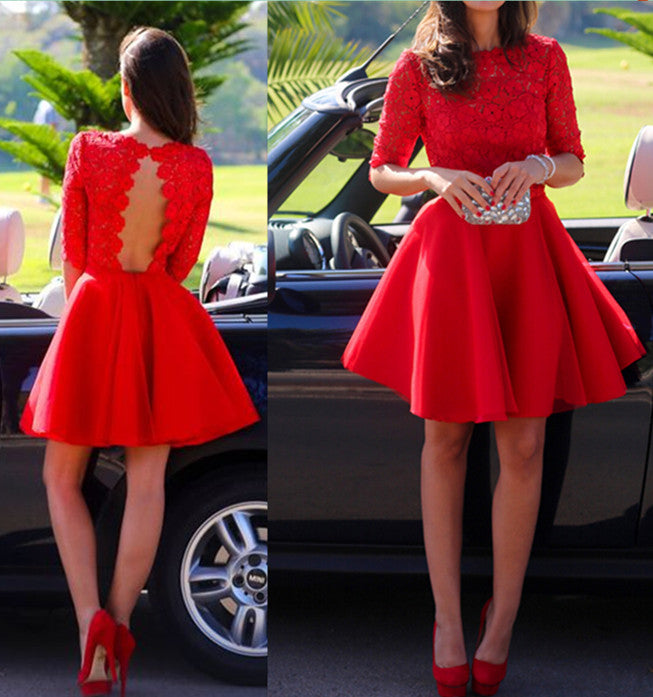 Short Formal Dress Red Formal Dress Red Prom Dress Lace Prom Dress With 1/2 Sleeves,MA095