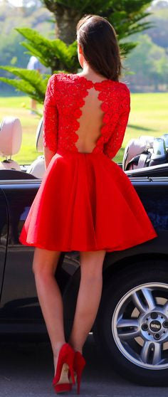 Short Formal Dress Red Formal Dress Red Prom Dress Lace Prom Dress With 1/2 Sleeves,MA095