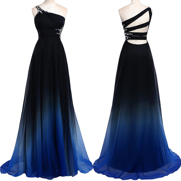 Ombre Chiffon Long One Shoulder Bridesmaid Dresses with Irregular Straps Back Ombre Chiffon Long One Shoulder Bridesmaid Dresses with Irregular Straps Back