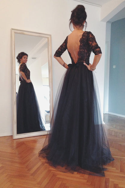 Navy Blue Prom Dress Lace Top Tulle Prom Drress with Sleeves MA106-Dolly Gown