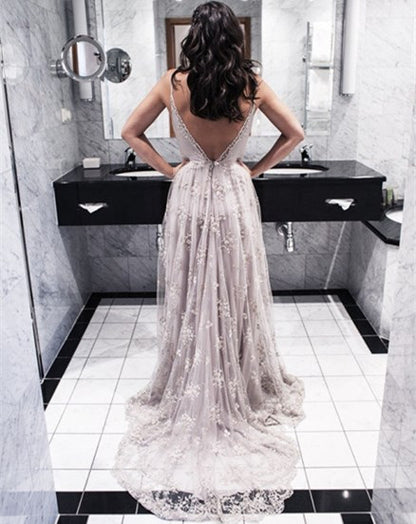 Unique Lace Prom Dress,Long Formal Dress,Low Back Prom Dress,MA109