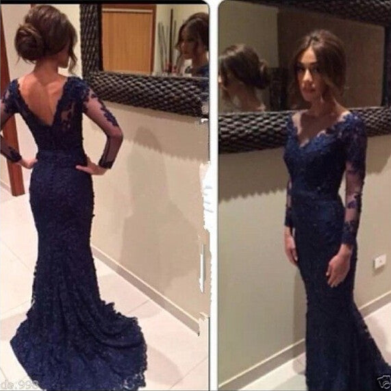 Lace Prom Dress,Navy Blue Prom Dress,Long Prom Dress,Prom Dress With Sleeves,MA113-Dolly Gown
