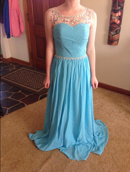 A-line Chiffon Bead Blue Illusion Neck Prom Dress A-line Chiffon Bead Blue Illusion Neck Prom Dress