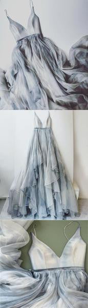 Boho Dusty Blue Wedding Dress Flowy Dusty Blue Prom Dress MA123-Dolly Gown