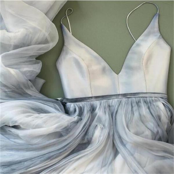 Boho Dusty Blue Wedding Dress Flowy Dusty Blue Prom Dress MA123-Dolly Gown