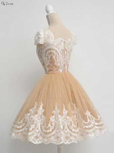 Champagne Vintage 50s Short Prom Dress with White Lace Appliques Champagne Vintage 50s Short Prom Dress with White Lace Appliques