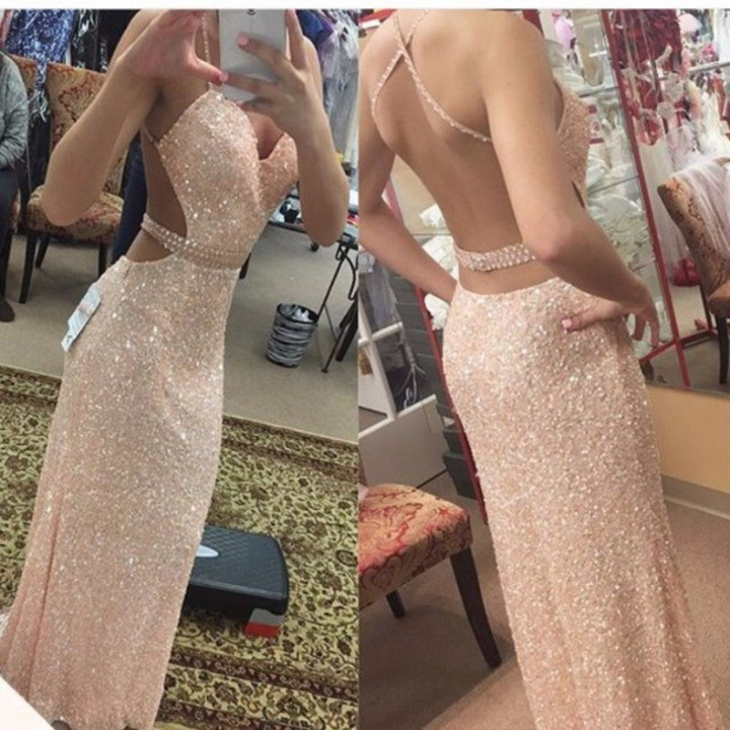 Backless Evening Dress,Sexy Prom Dress,Sequins Prom Gown,Champagne Prom Dress,MA138-Dolly Gown