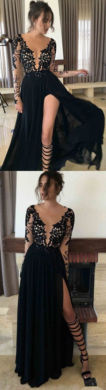 Black Prom Dress,Prom Dress With Sleeves,Sexy Prom Dress,See through Prom Dress,MA141-Dolly Gown