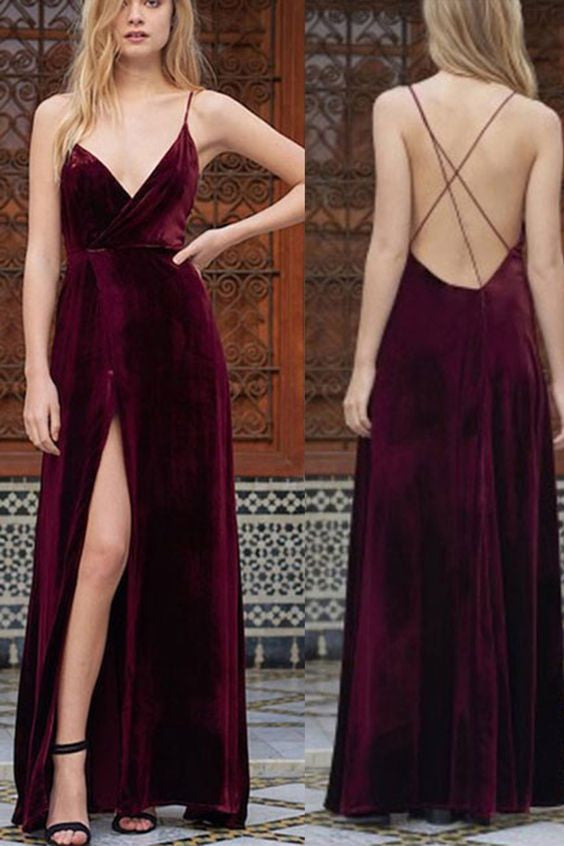 Velvet Prom Dress Maroon Prom Dress Long Evening Dress Backless Formal Gown MA142