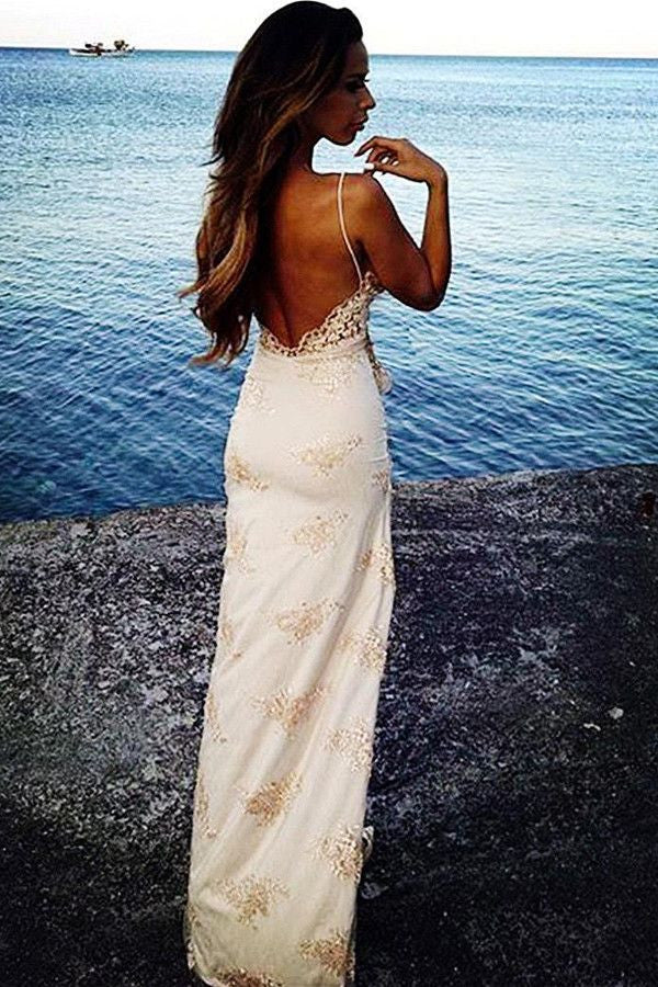 Spaghetti Straps Lace Champagne Backless Prom Dress with Side Slit Spaghetti Straps Lace Champagne Backless Prom Dress with Side Slit