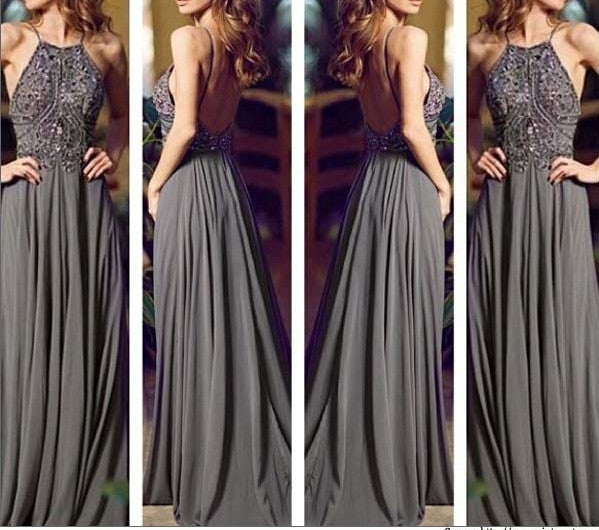 Dark Gray Bead Top Chiffon Halter Neck Prom Dress Dark Gray Bead Top Chiffon Halter Neck Prom Dress