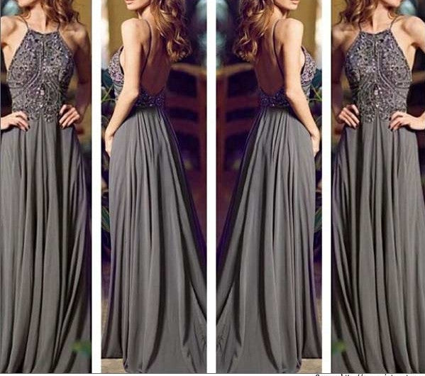 Dark Gray Prom Dress,Unique Prom Dress,Beaded Top Prom Gown,2021 Formal Dress,MA149-Dolly Gown
