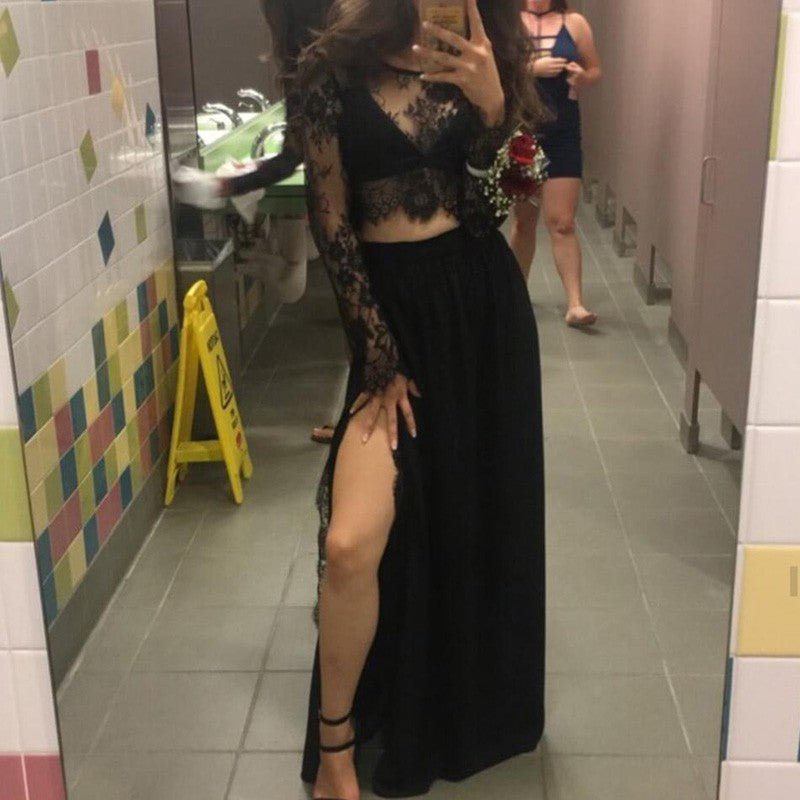 Black Boho Two Piece Chiffon Graudation Formal Dress with High Slit Black Boho Two Piece Chiffon Graudation Formal Dress with High Slit