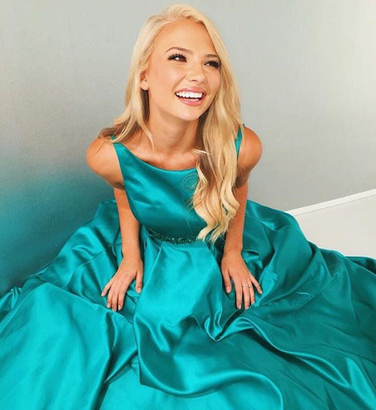 turquoise grad dress Blue Rhinestone Appliqu Evening - Handcrafted Couture Gown Crystals creating a flattering silhouette open lace back dress Cute