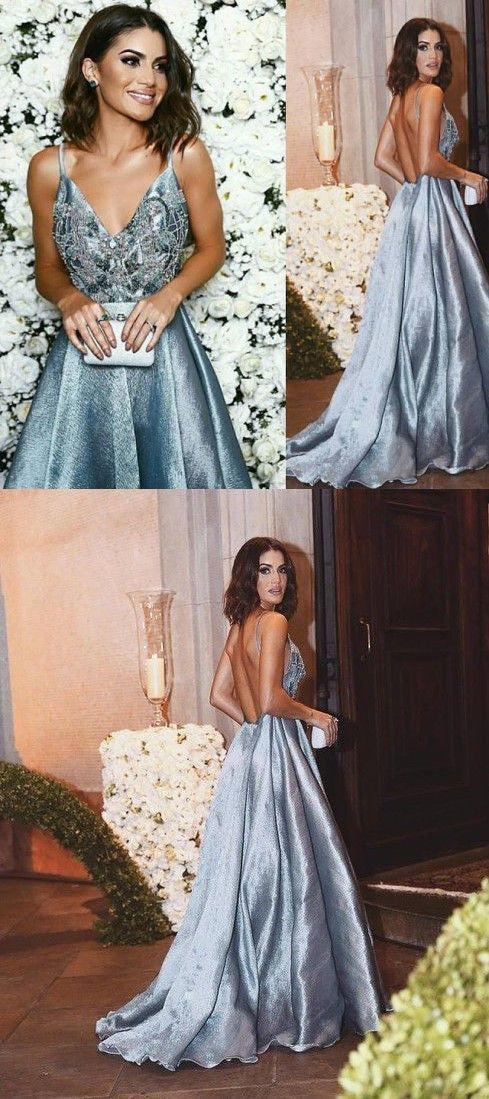Dusty Blue Backless Rhinestone Bead Spaghetti Straps Prom Dress Dusty Blue Backless Rhinestone Bead Spaghetti Straps Prom Dress
