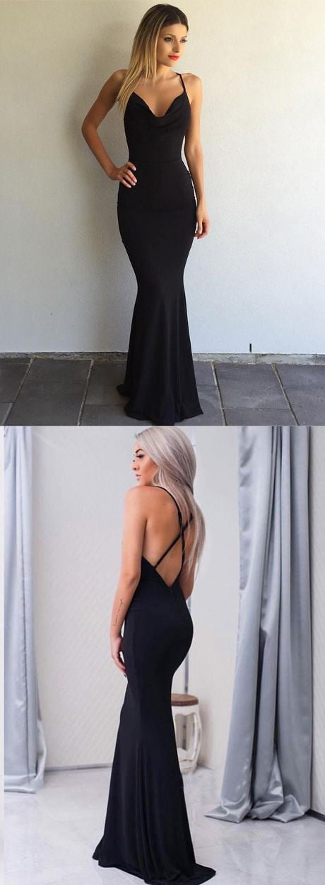 Backless Spaghetti Strap Mermaid Fitted Black Prom Dress Backless Spaghetti Strap Mermaid Fitted Black Prom Dress