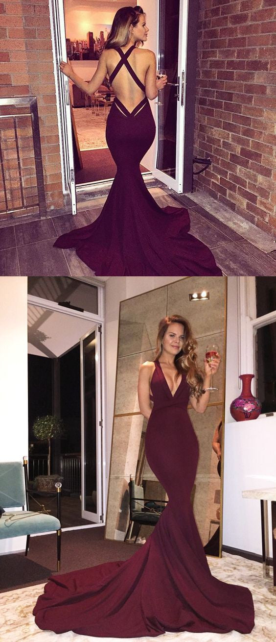 Mermaid Halter Neck V-Plunge Burgundy Fitted Prom Dress Mermaid Halter Neck V-Plunge Burgundy Fitted Prom Dress