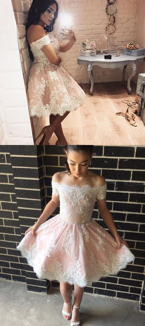 Off the Shoulder Pink Lace Prom Dresses, Off Shoulder Pink Tulle