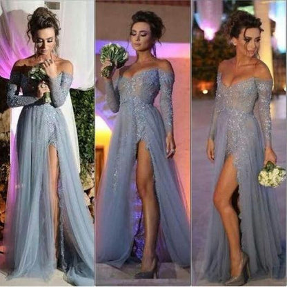 Dusty Blue Prom Dress,Prom Dress With Sleeves,Side Slit Prom Dress,Long Prom Dress,MA193-Dolly Gown