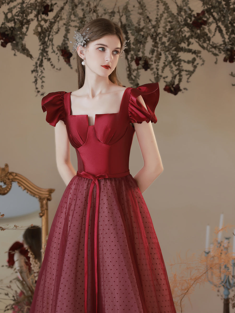 Maroon Princess Polka Dot Prom Dress - DollyGown