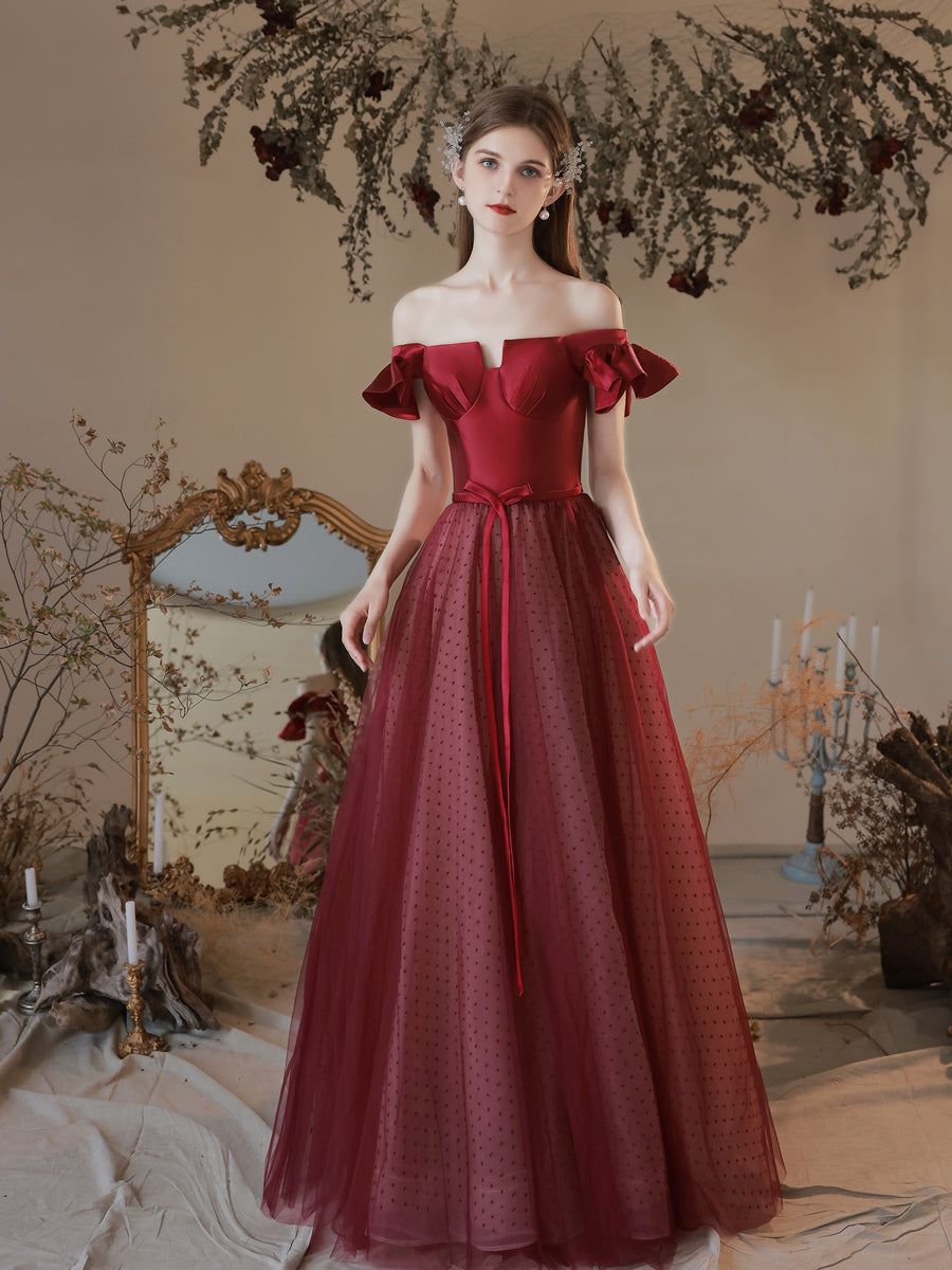 Maroon Princess Polka Dot Prom Dress - DollyGown