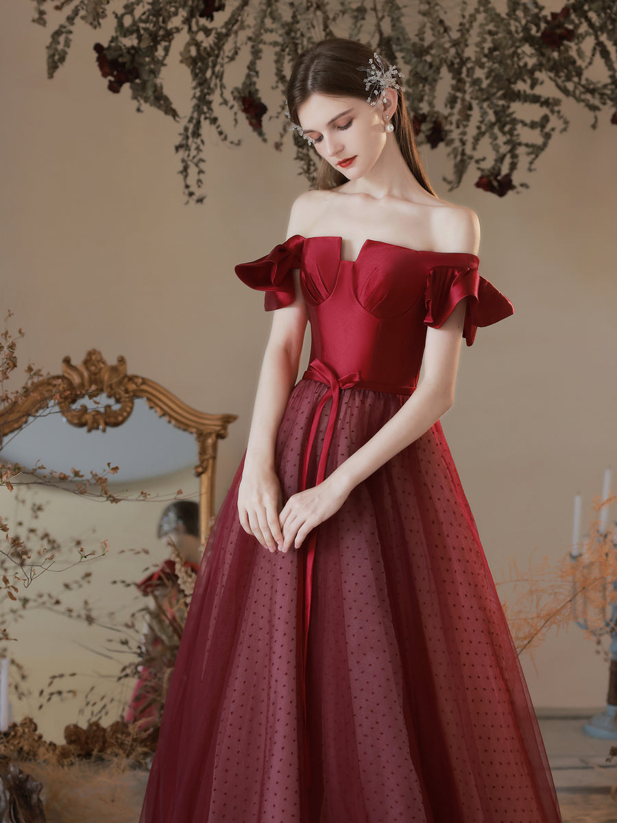 Maroon Princess Polka Dot Prom Dress - DollyGown
