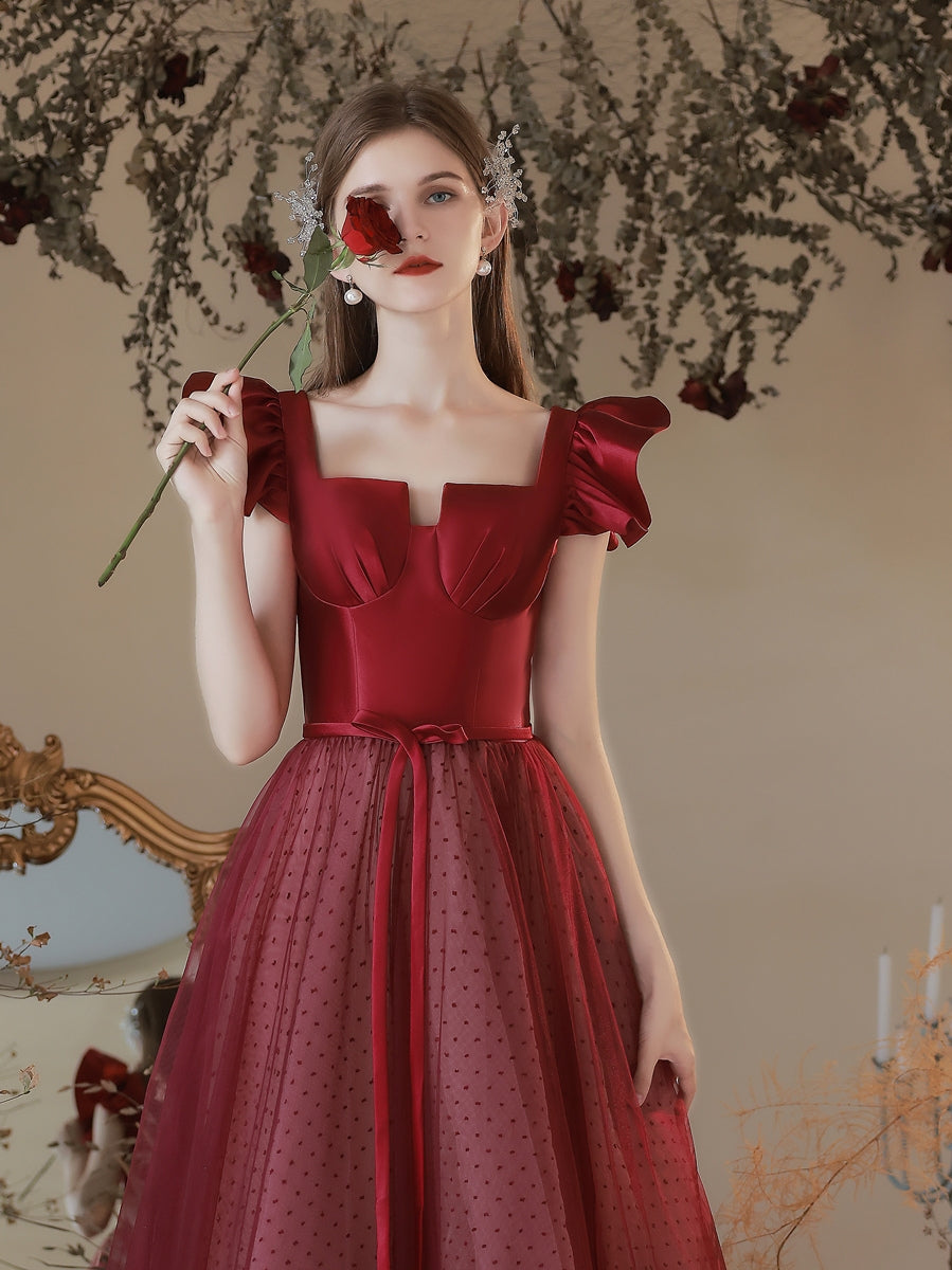 Maroon Princess Polka Dot Prom Dress - DollyGown