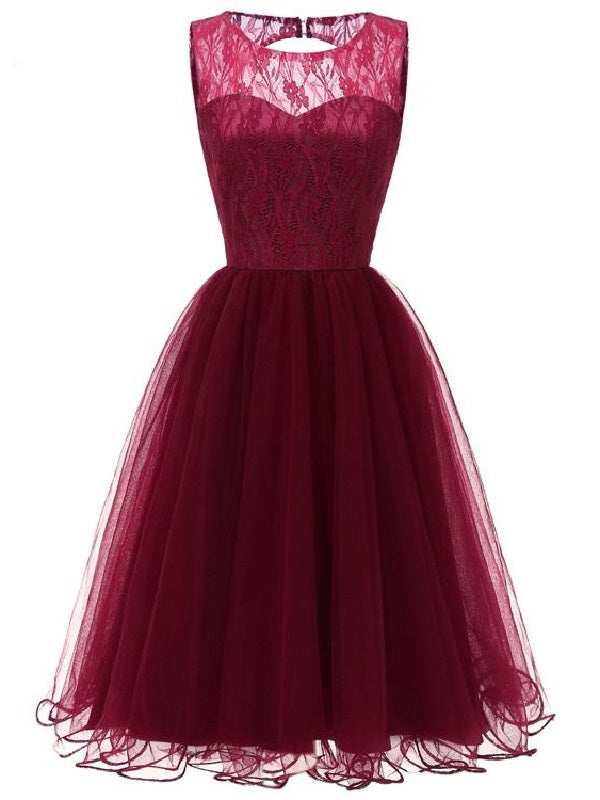Maroon Retro Prom Dress Modest Lace Top Tulle Dress Short Homecoming Dress, 074B-Dolly Gown