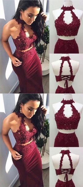 Maroon Burgundy Two Piece Sheath Prom Dress Long Halter Neck,GDC1020-Dolly Gown