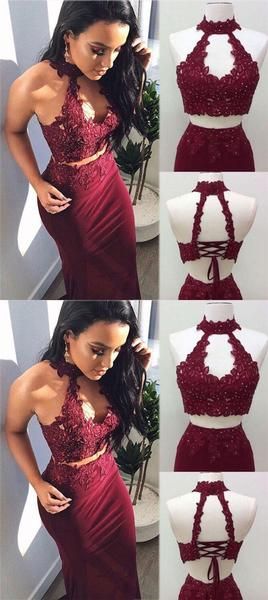 Maroon Burgundy Two Piece Sheath Prom Dress Long Halter Neck,GDC1020-Dolly Gown