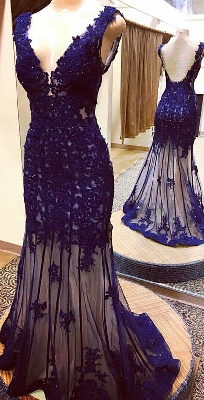 Mermaid Navy Blue Lace Appliques Tulle Long Prom Dress,20082006-Dolly Gown