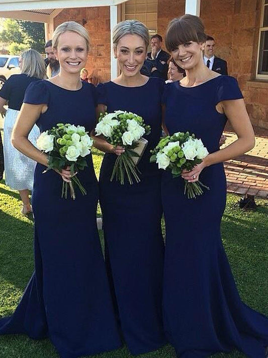 Mermaid Navy Bridesmaid Dresses Cap Sleeves Long Bridesmaid Dresses Simple Bridesmaid Dress MA081-Dolly Gown