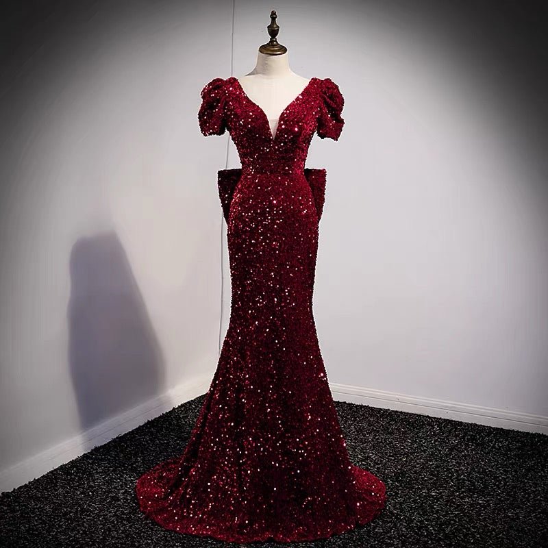 burgundy and silver prom dresses Burgundy Sexy Mermaid V-neck Prom Dress Formal Gown