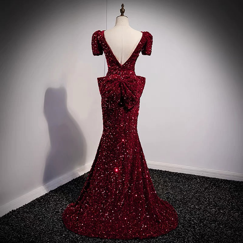 Mermaid Tight Burgundy Sequin Prom Dress -DollyGown