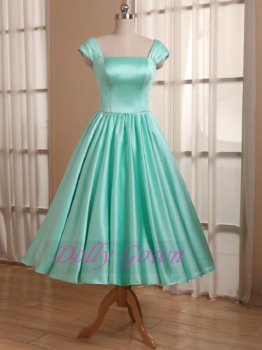 Mint Green Tea Length 50s Style Bridesmaid Dress Vintage bridesmaid dresses under 100-Dolly Gown