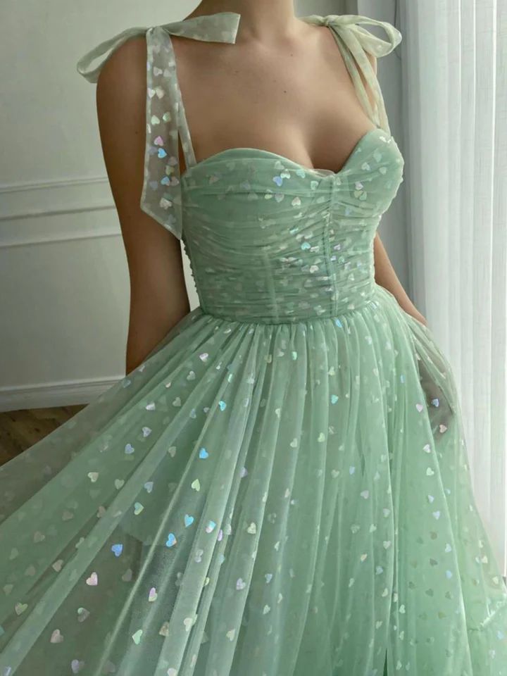 Mint Green Tulle Tea Length Prom Dress Wedding Reception Dress - DollyGown