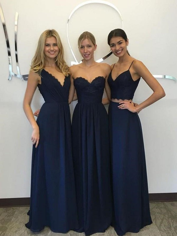 Mismatched Long Navy Blue Bridesmaid Dresses