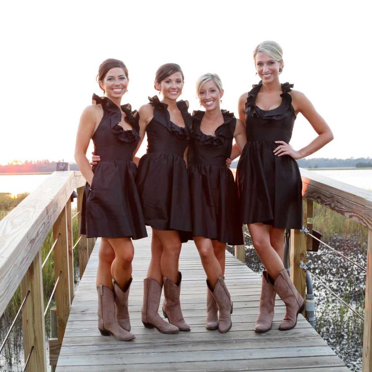 Taffeta Brown Halter Ruffles Neck Short Bridesmaid Dresses with Pockets/Cowboy Boots Taffeta Brown Halter Ruffles Neck Short Bridesmaid Dresses with Pockets/Cowboy Boots
