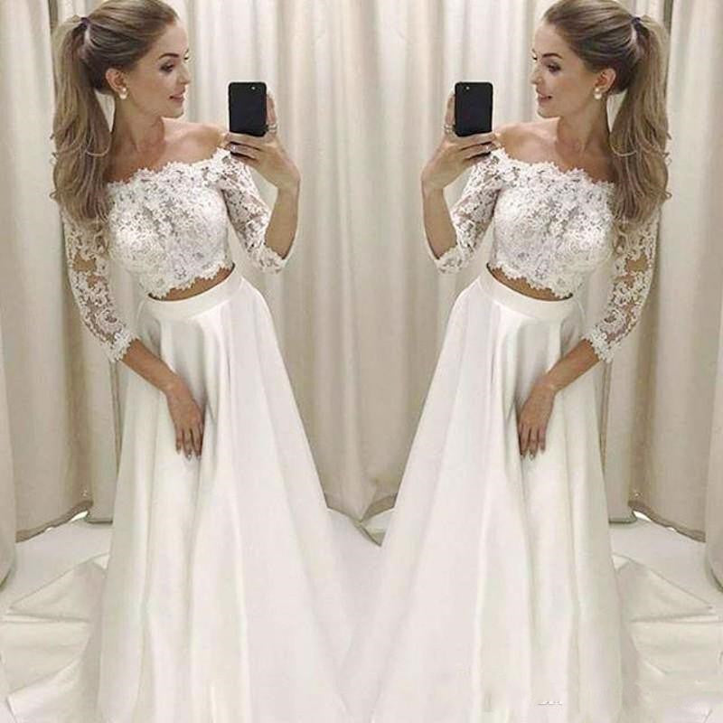 Modern Off the Shoulder Long Sleeve Crop Top Wedding Dress,Affordable Bridal Separates,20082670-Dolly Gown