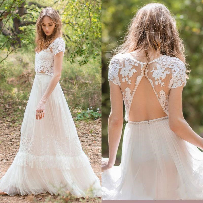 Modern Romantic Two Piece Lace Wedding Dress with Open Back Modern Romantic Two Piece Lace Wedding Dress with Open Back