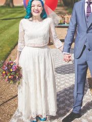 Modest Country Style Vintage 1960s two Piece Lace Ankle Length Wedding Dress with Sleeves,20101617-Dolly Gown