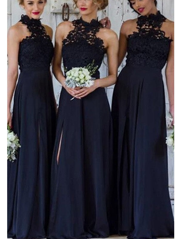 Modest Halter Lace Top A-Line Dark Blue Bridesmaid Dresses Long with Side Slit,#711067-Dolly Gown